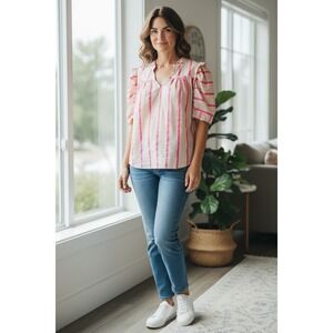 Entro Women's Top Size Large Beige Pink Striped Short Sleeve Blouse Casual